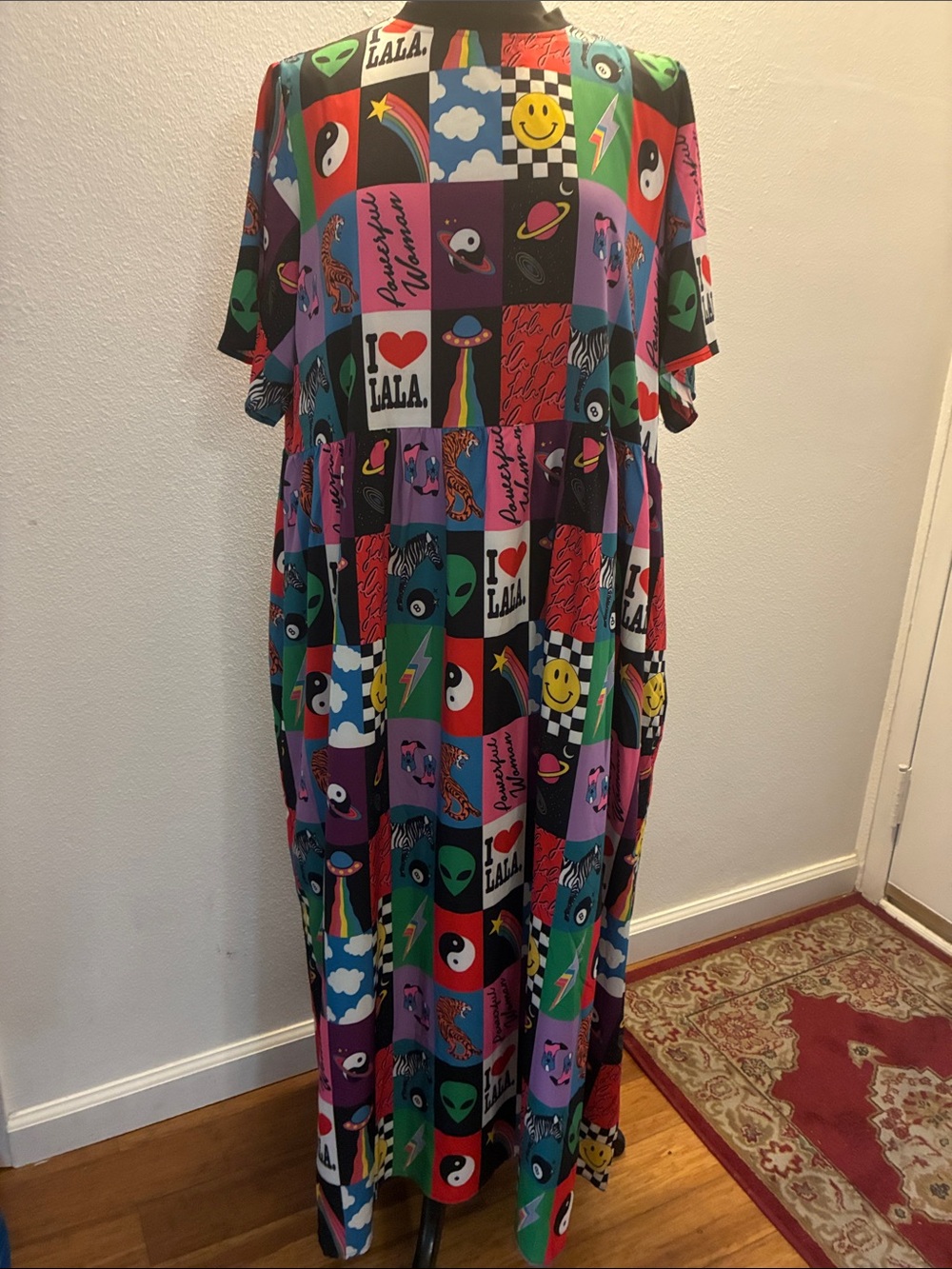 La La Rainbow Patchwork Graphic Lined Maxi Dress Size Medium